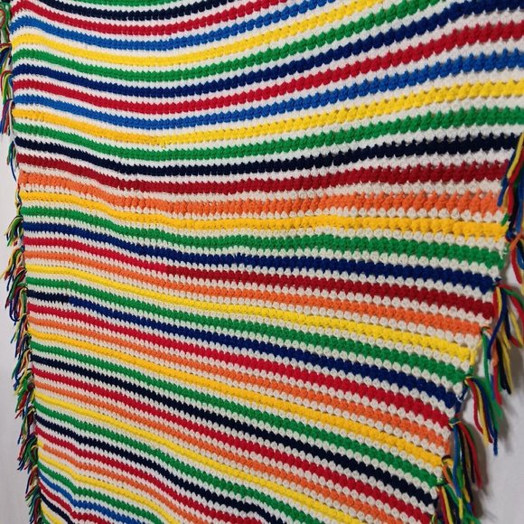 Handmade Other - Handmade Crochet Rainbow Stripe Baby Afghan Blanket Fringe Colorful 52"x 44"